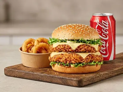 Trio #6 — Burger double poulet mozza + rondelles d'oignon + boisson gazeuse