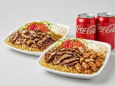 Trio #11 — 2 assiettes Shish Taouk, Shawarma ou Gyros + 2 breuvages