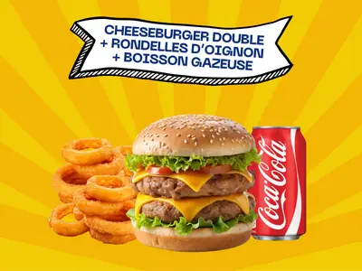 Trio #3 — Cheeseburger double + rondelles d'oignon + boisson gazeuse